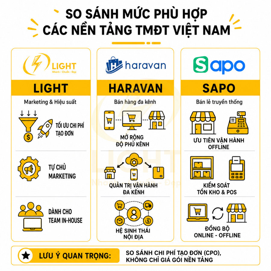 So sánh ưu nhược điểm nền tảng TMĐT Light, Haravan và Sapo cho bán hàng online và offline
