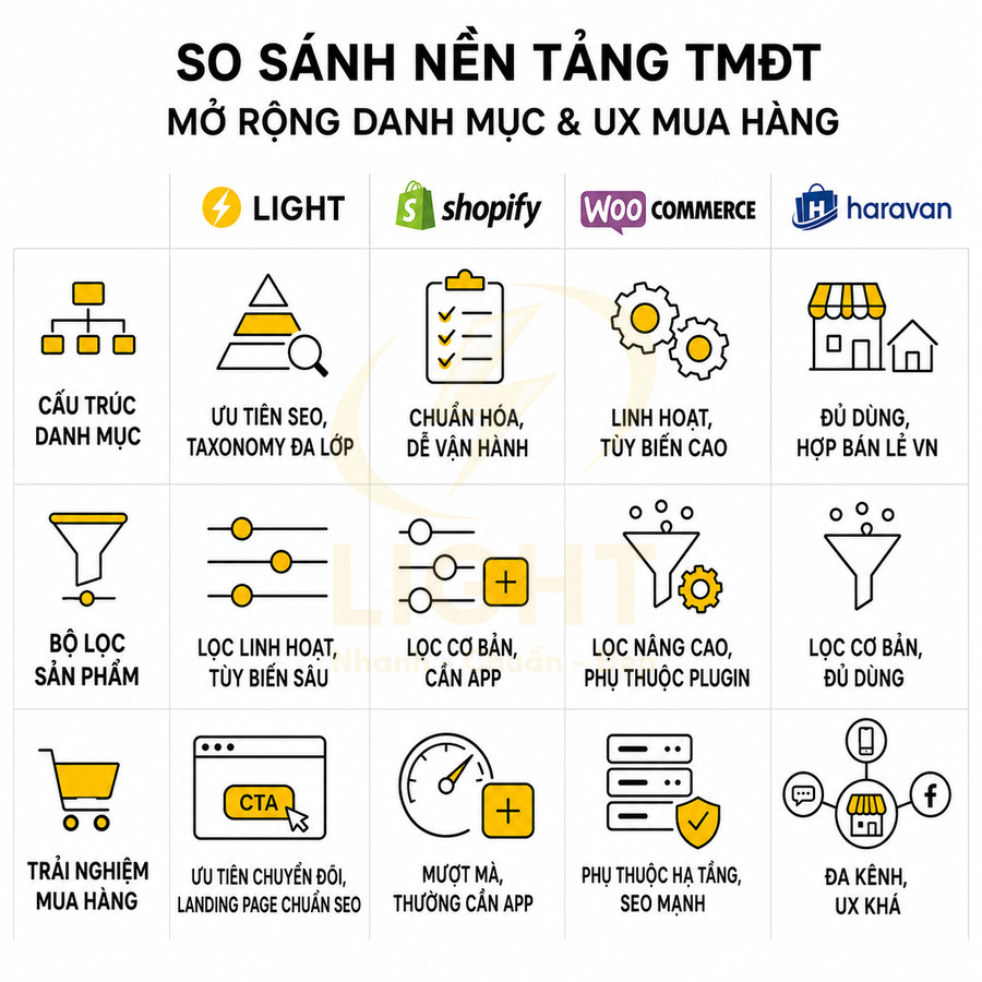 Bảng so sánh tính năng mở rộng danh mục và UX mua hàng của Light, Shopify, WooCommerce, Haravan