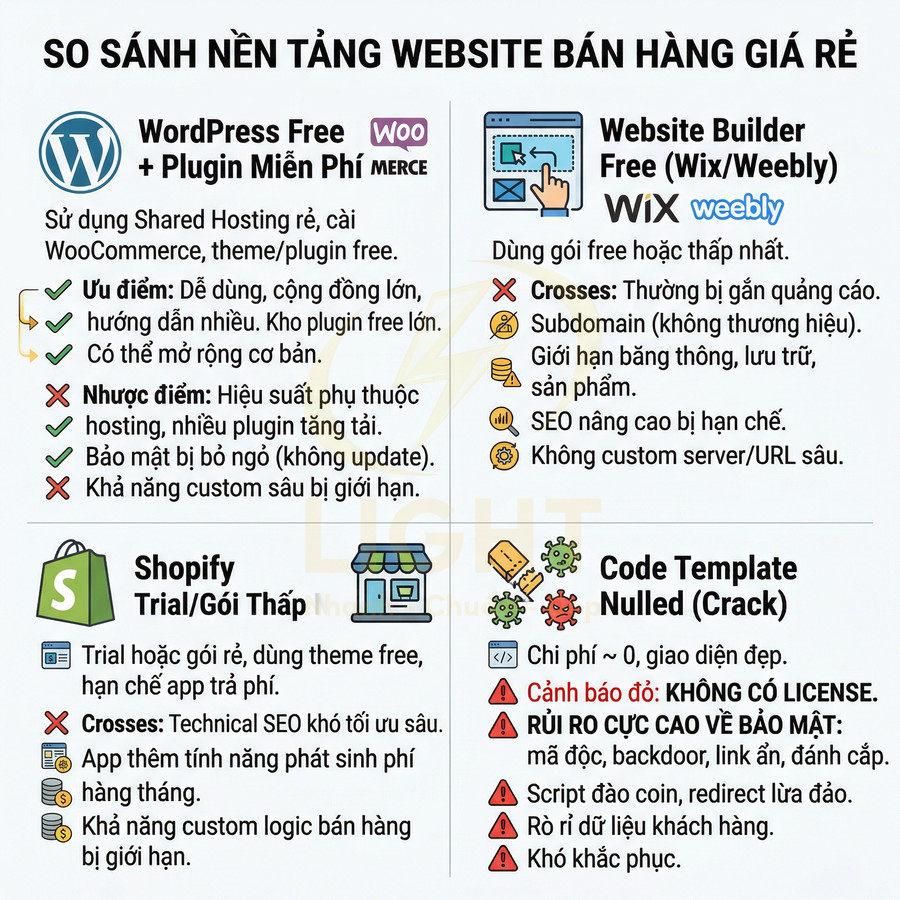 So sánh các nền tảng làm website bán hàng giá rẻ: WordPress, Wix Weebly, Shopify và code nulled