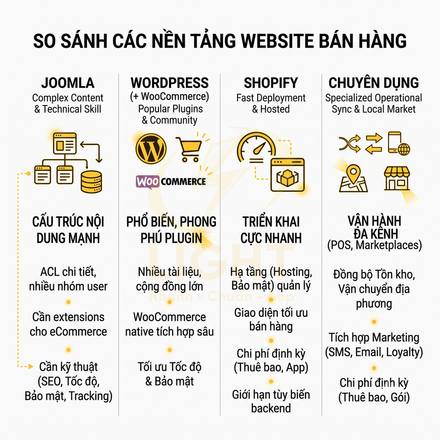 So sánh các nền tảng website bán hàng Joomla, WordPress WooCommerce, Shopify và giải pháp chuyên dụng