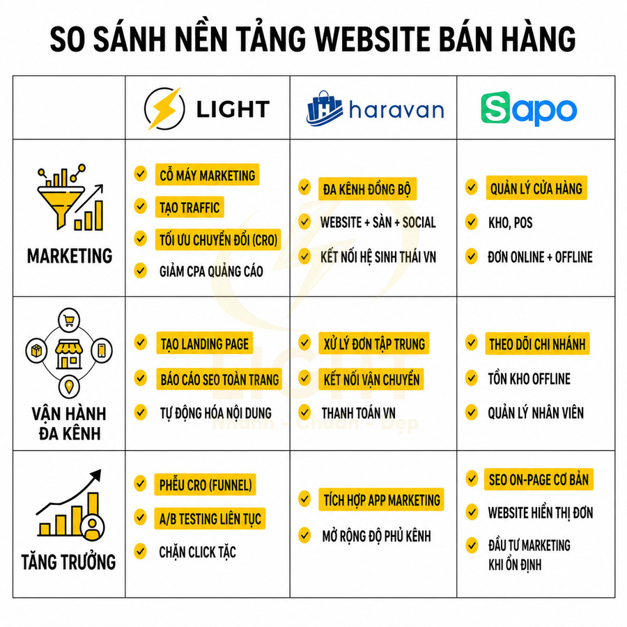 Bảng so sánh tính năng nền tảng website bán hàng Light, Haravan và Sapo về marketing, vận hành và tăng trưởng