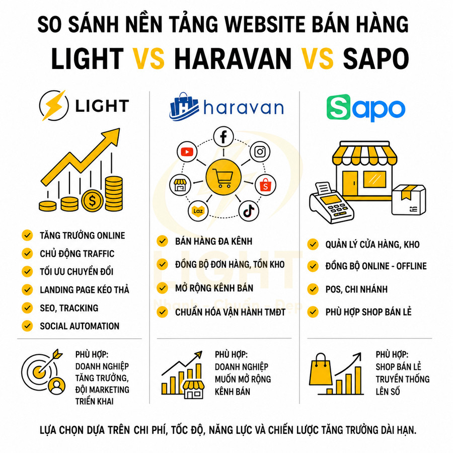 Light, Haravan và Sapo khác gì khi làm website bán hàng?