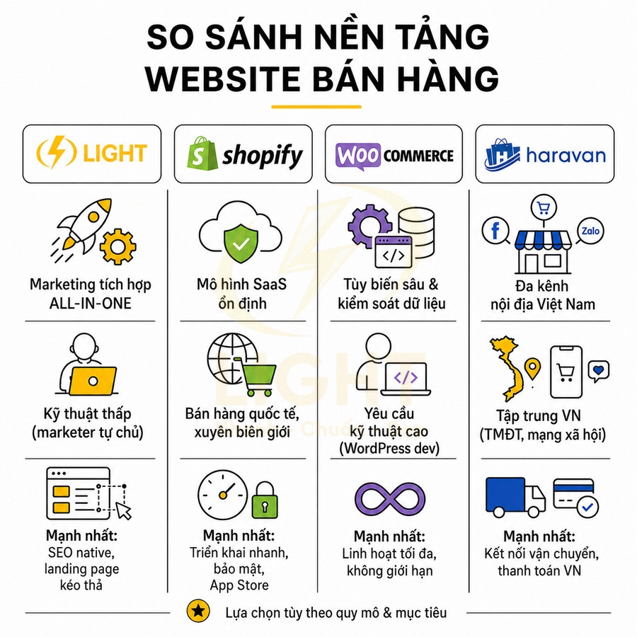 So sánh ưu nhược điểm nền tảng website bán hàng Light, Shopify, WooCommerce và Haravan bằng tiếng Việt