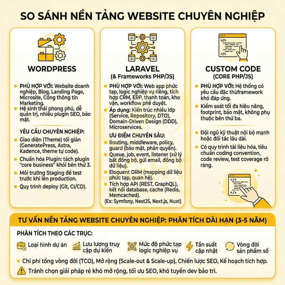 So sánh nền tảng website chuyên nghiệp WordPress, Laravel và custom code cho doanh nghiệp