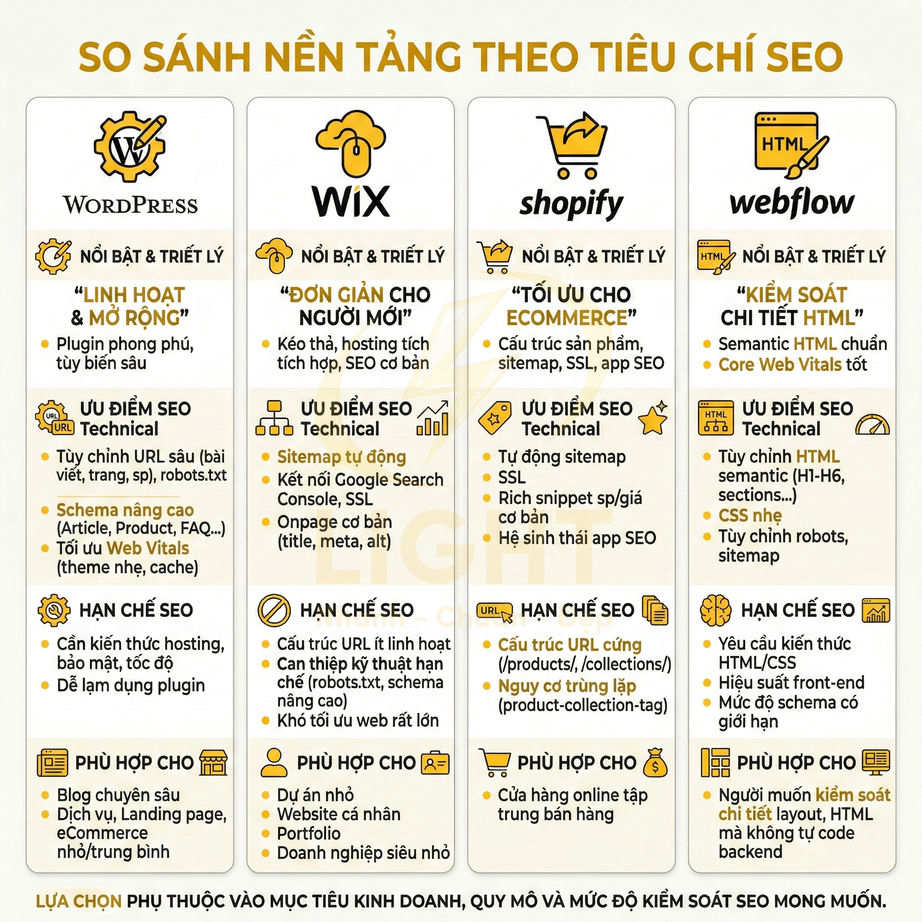 Bảng so sánh SEO của các nền tảng WordPress, Wix, Shopify và Webflow với ưu nhược điểm chi tiết