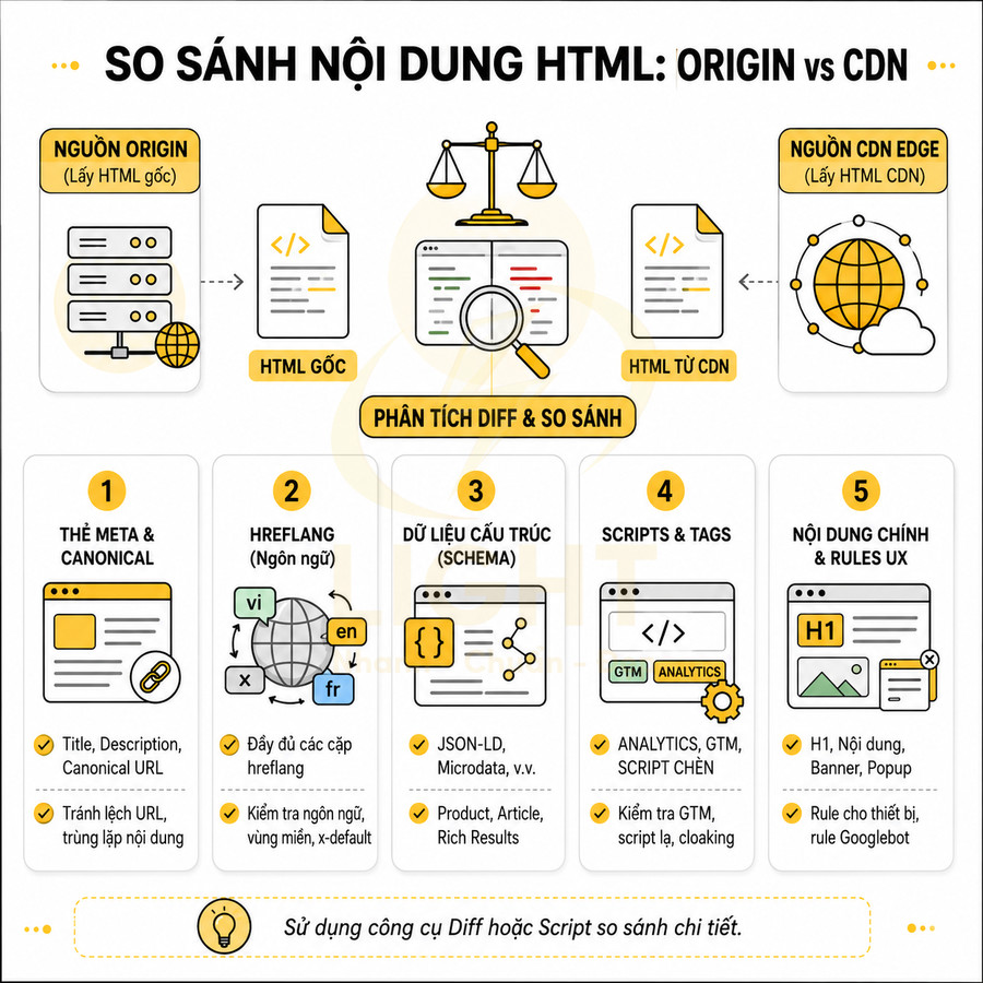 So sánh nội dung HTML giữa origin và CDN với các yếu tố meta, hreflang, schema, scripts và nội dung chính