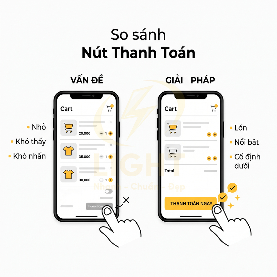 So sánh giao diện giỏ hàng trên điện thoại với nút thanh toán nhỏ khó thấy và nút thanh toán lớn nổi bật