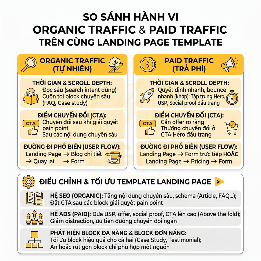 Infographic so sánh hành vi organic traffic và paid traffic trên cùng template landing page và cách tối ưu chuyển đổi