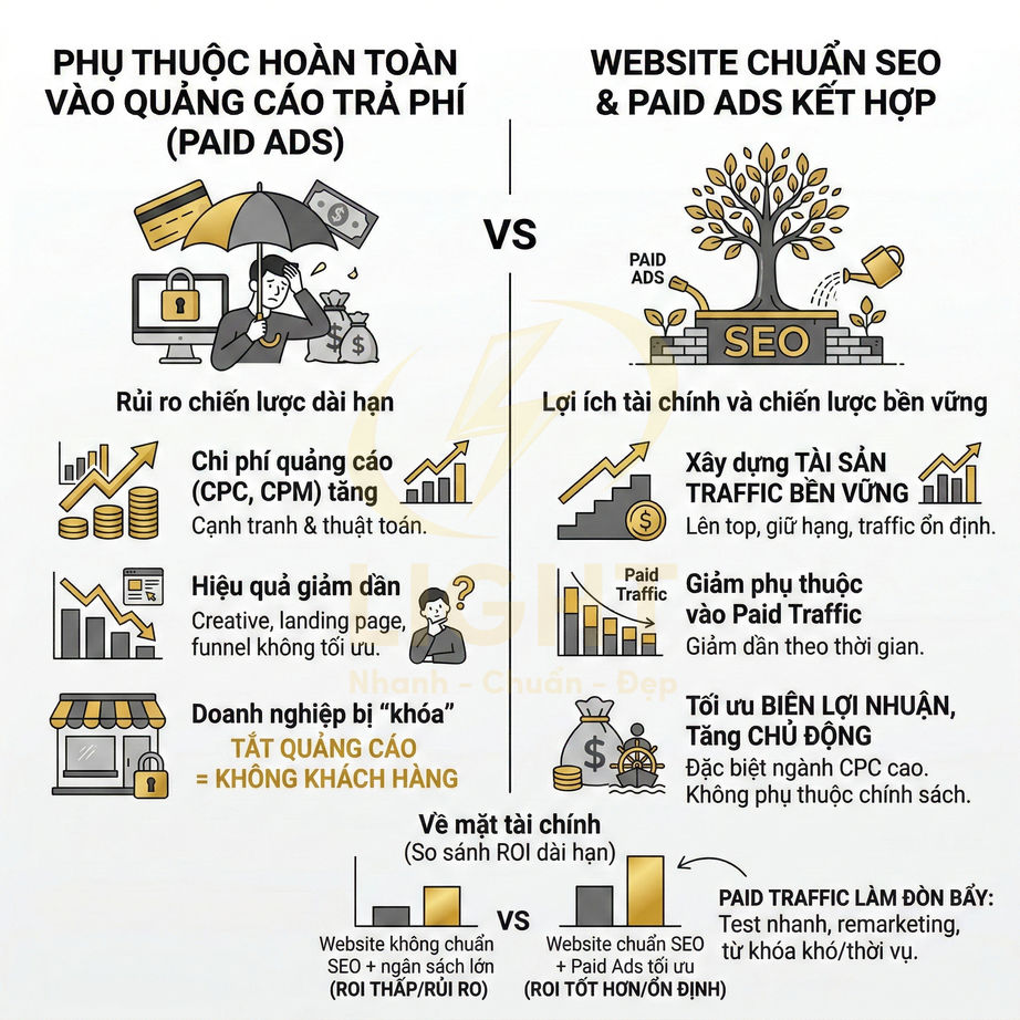 So sánh website chỉ chạy quảng cáo trả phí với website chuẩn SEO kết hợp paid ads và lợi ích tài chính lâu dài