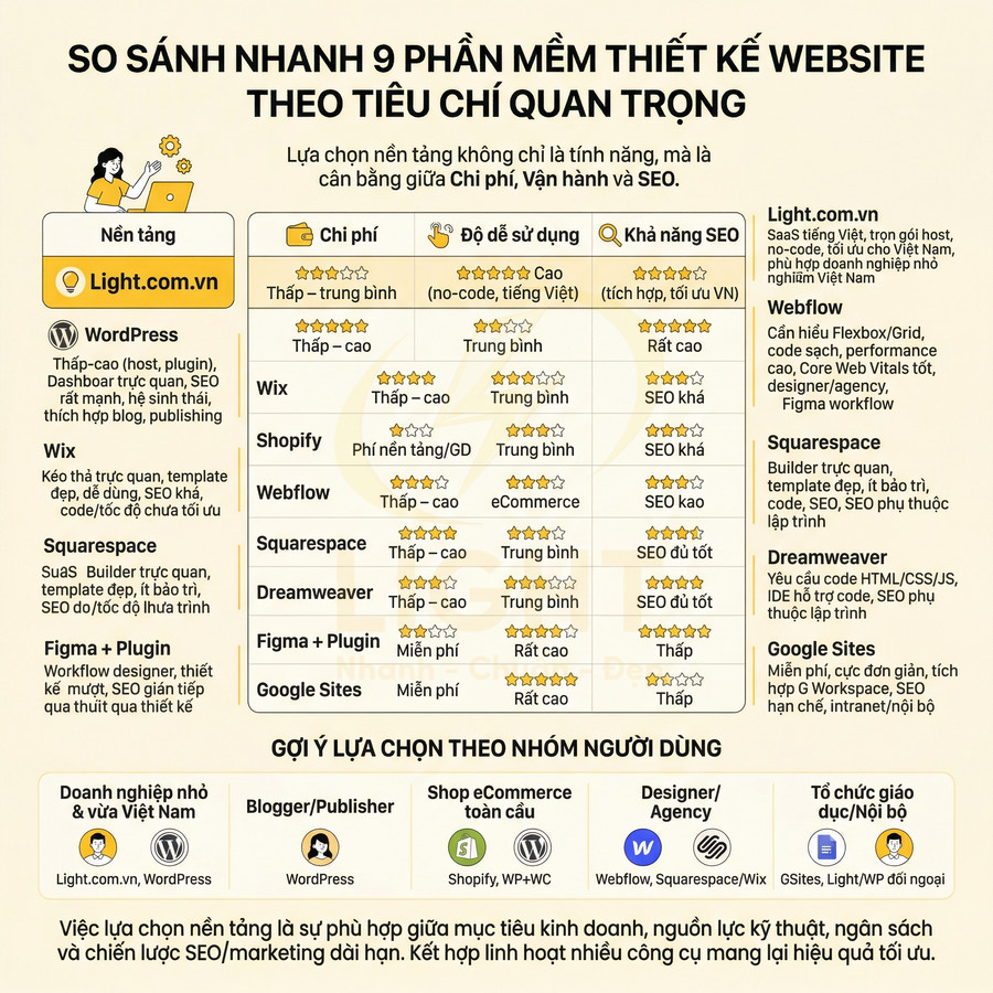Bảng so sánh 9 nền tảng thiết kế website như Light.com.vn, WordPress, Wix, Shopify, Webflow, Squarespace, Dreamweaver, Google Sites