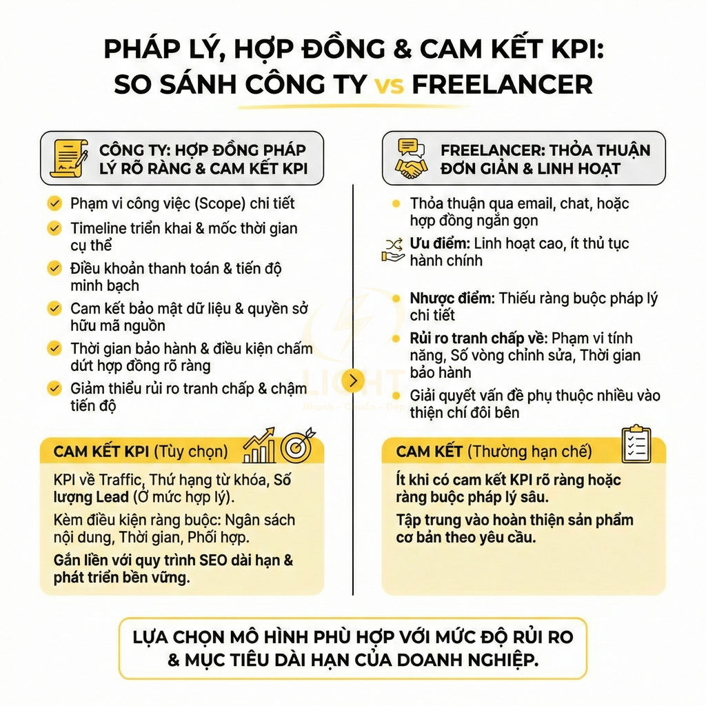 Infographic so sánh pháp lý hợp đồng và cam kết KPI giữa công ty dịch vụ SEO và freelancer