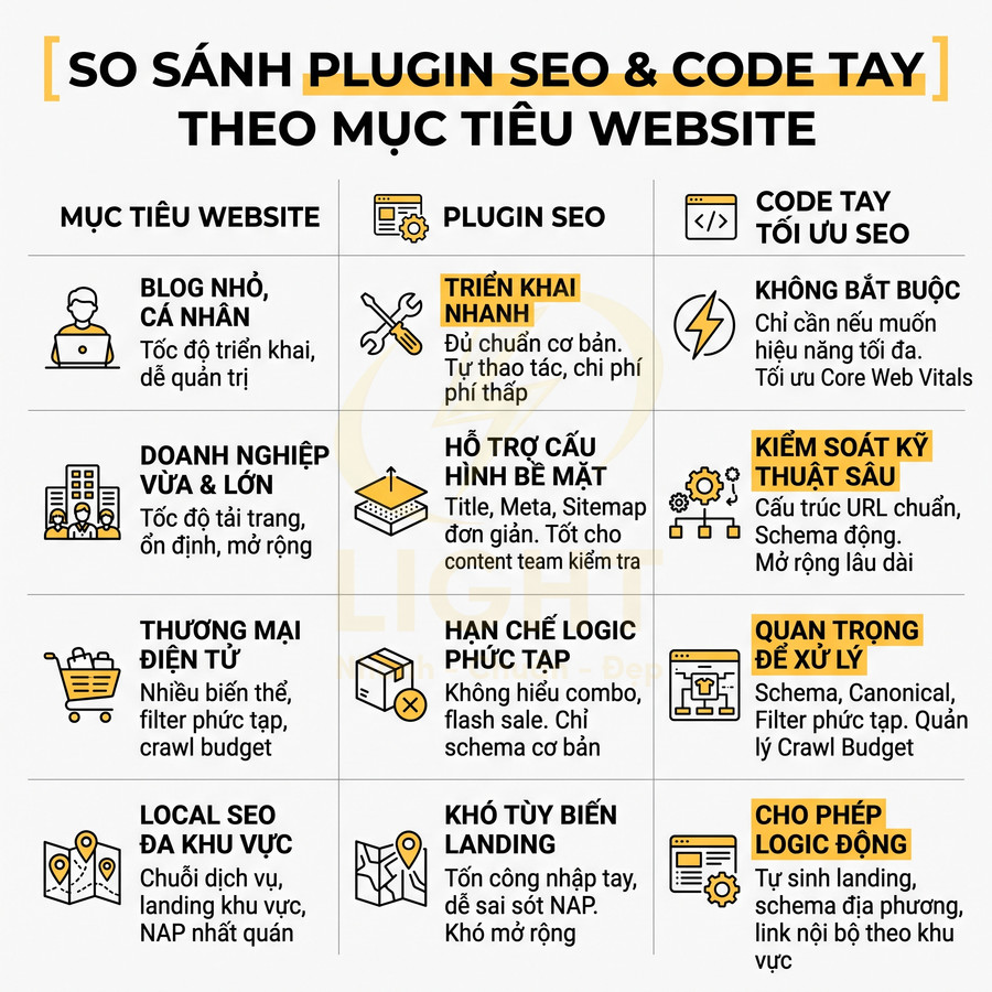 Bảng so sánh plugin SEO và code tay tối ưu SEO theo từng mục tiêu và loại website khác nhau