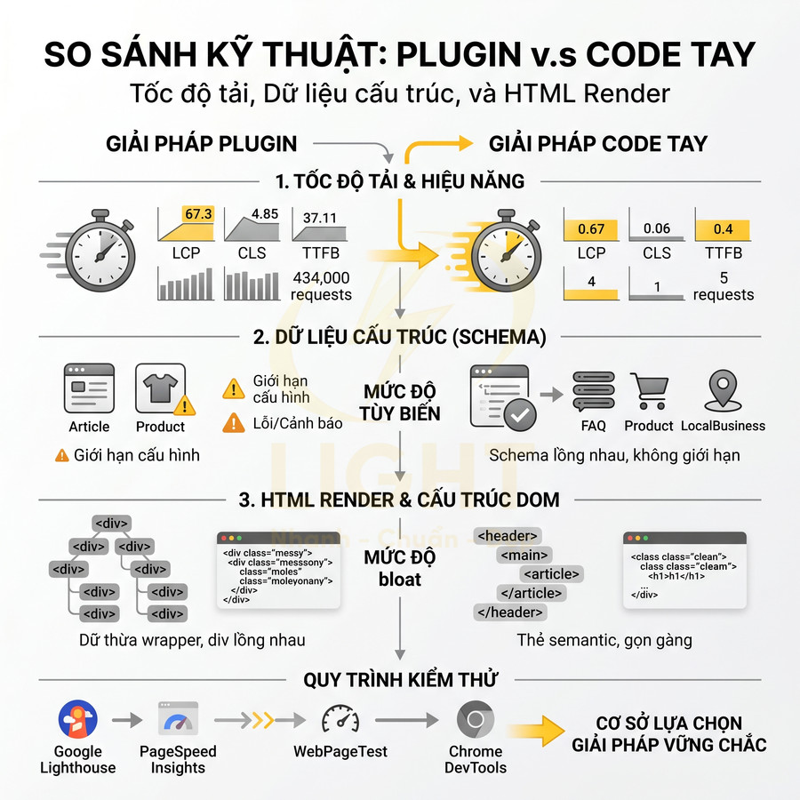 Infographic so sánh kỹ thuật plugin và code tay về tốc độ tải, dữ liệu cấu trúc và HTML render cho website