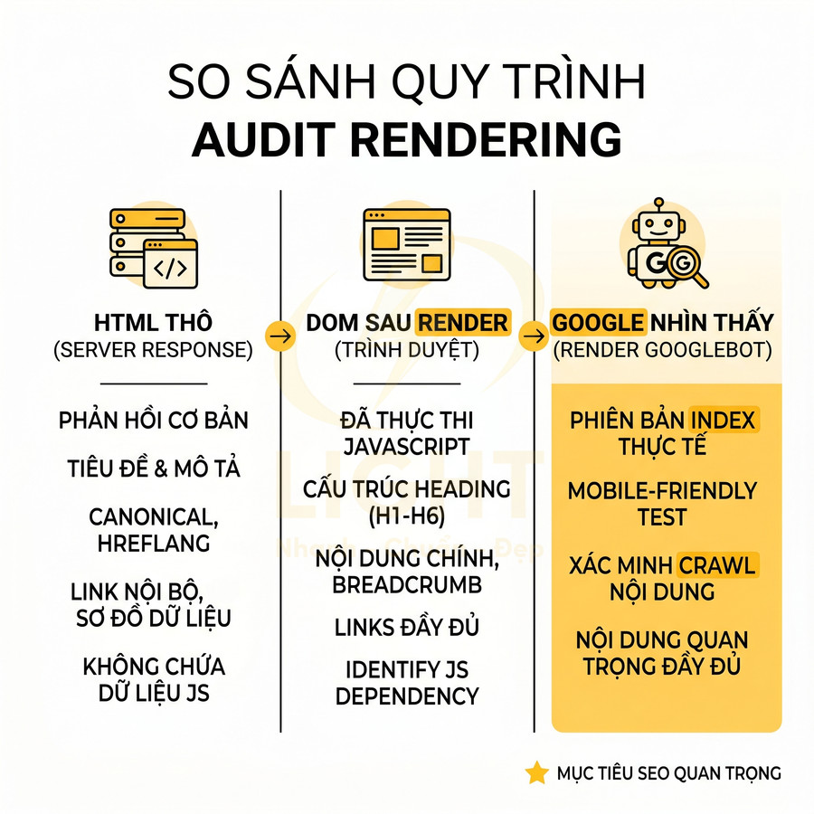 So sánh quy trình audit rendering trong SEO từ HTML thô đến DOM sau render và Google nhìn thấy
