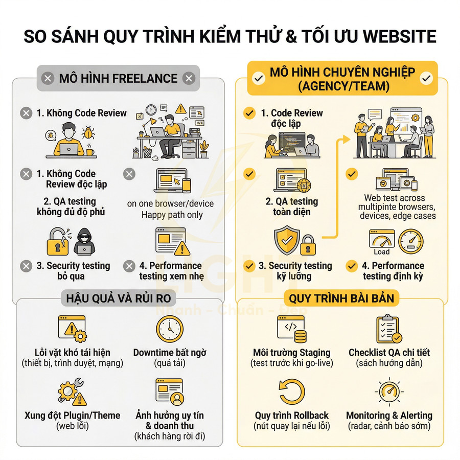 So sánh quy trình kiểm thử tối ưu website giữa mô hình freelance và mô hình chuyên nghiệp agency