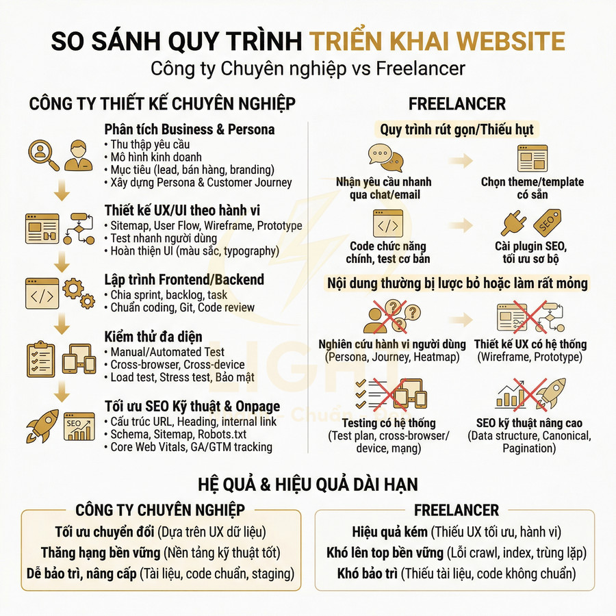Infographic so sánh quy trình triển khai website của công ty thiết kế chuyên nghiệp và freelancer