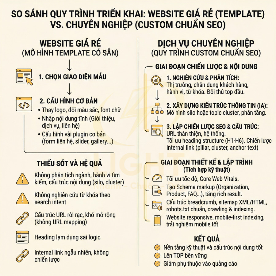 So sánh quy trình triển khai website giá rẻ dùng template và dịch vụ thiết kế website custom chuẩn SEO