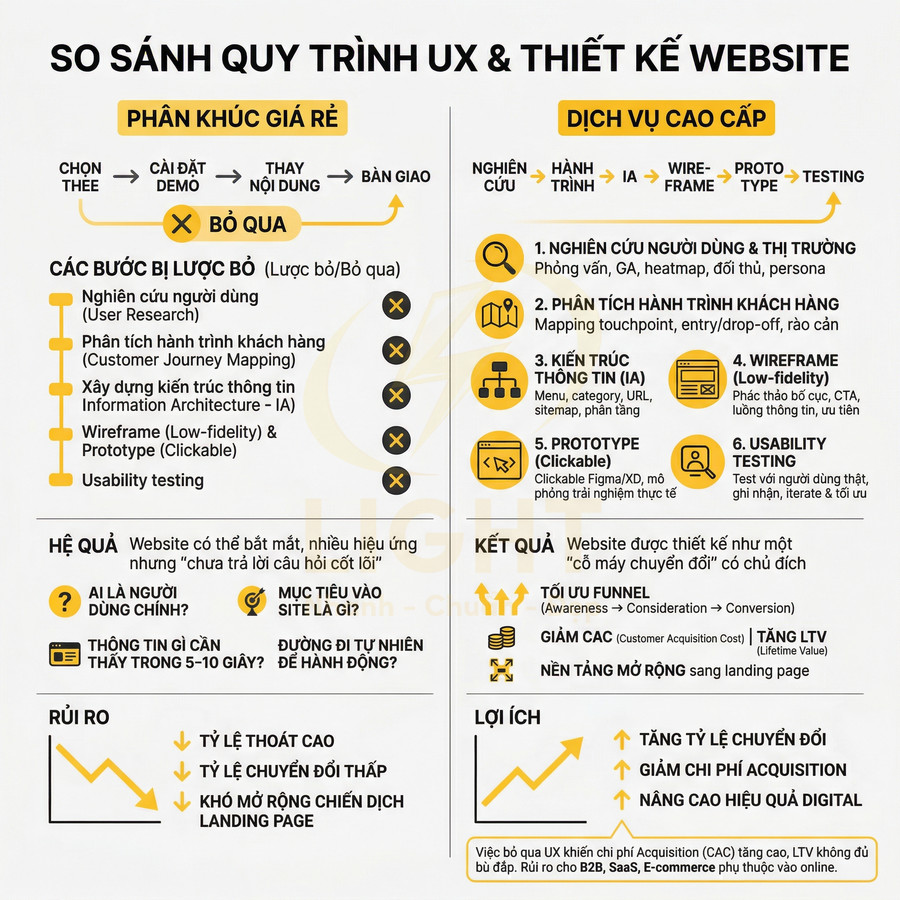 So sánh quy trình UX và thiết kế website giá rẻ với dịch vụ cao cấp, nêu bước thực hiện, rủi ro và lợi ích