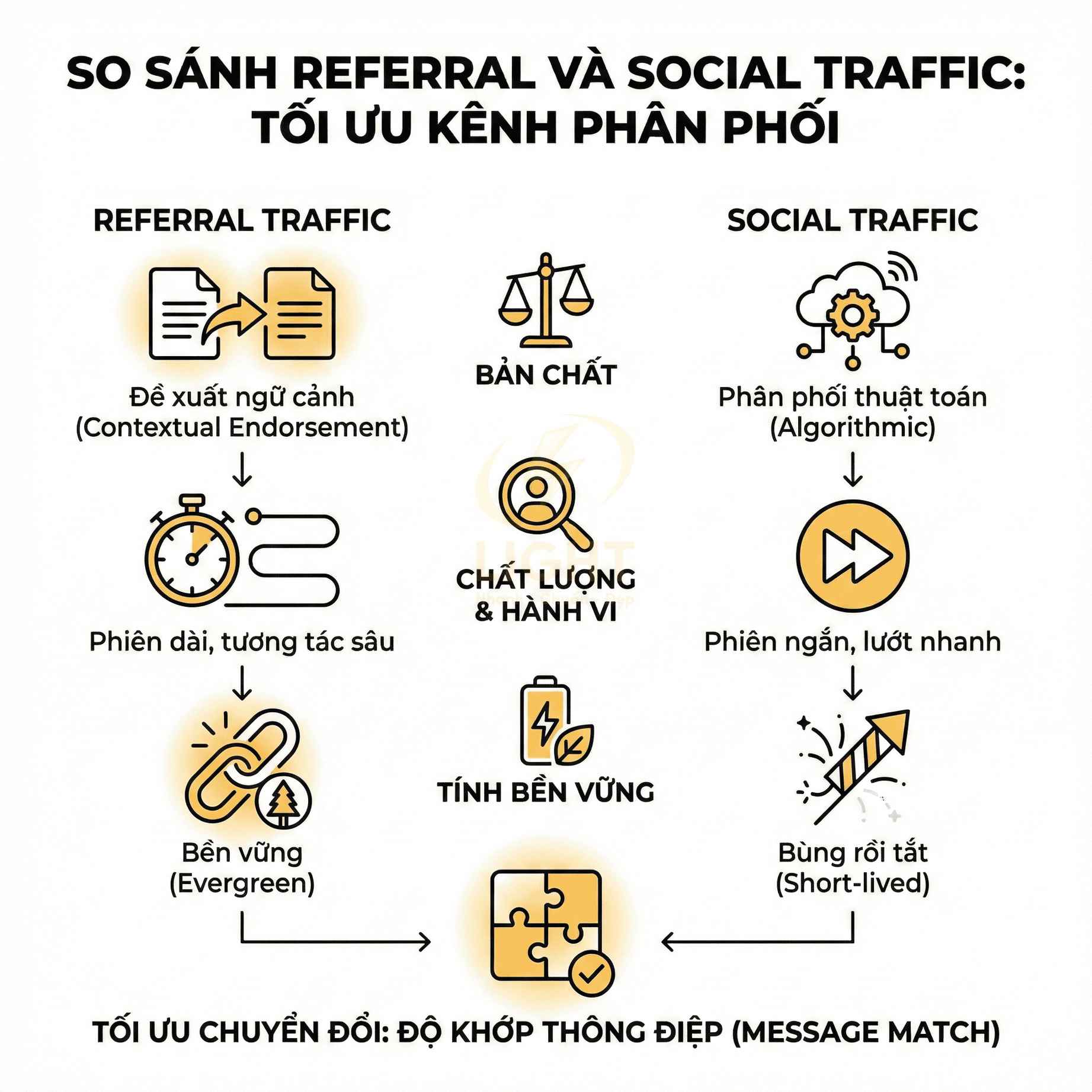 So sánh referral traffic và social traffic, nêu khác biệt về bản chất, hành vi, tính bền vững và tối ưu chuyển đổi