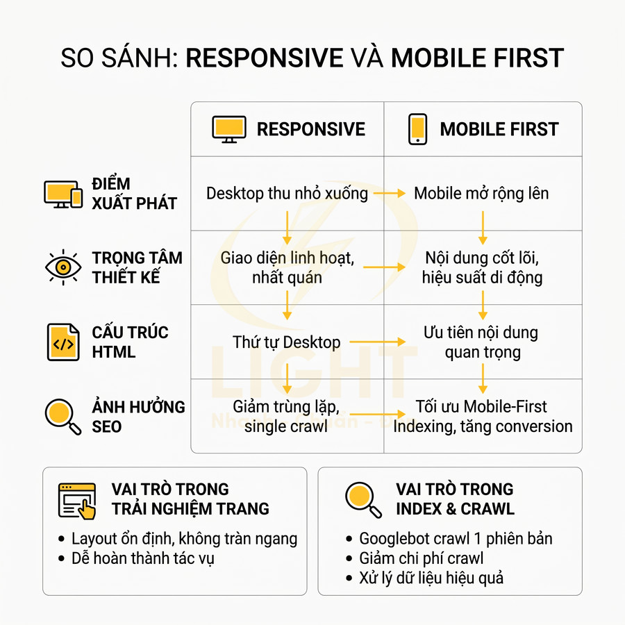 Bảng so sánh thiết kế web responsive và mobile first về điểm xuất phát, cấu trúc HTML, SEO và trải nghiệm trang