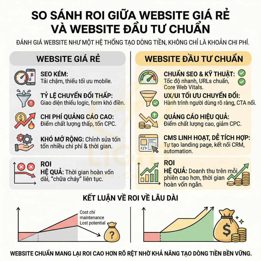 Infographic so sánh ROI giữa website giá rẻ và website đầu tư chuẩn về SEO, chuyển đổi và chi phí quảng cáo
