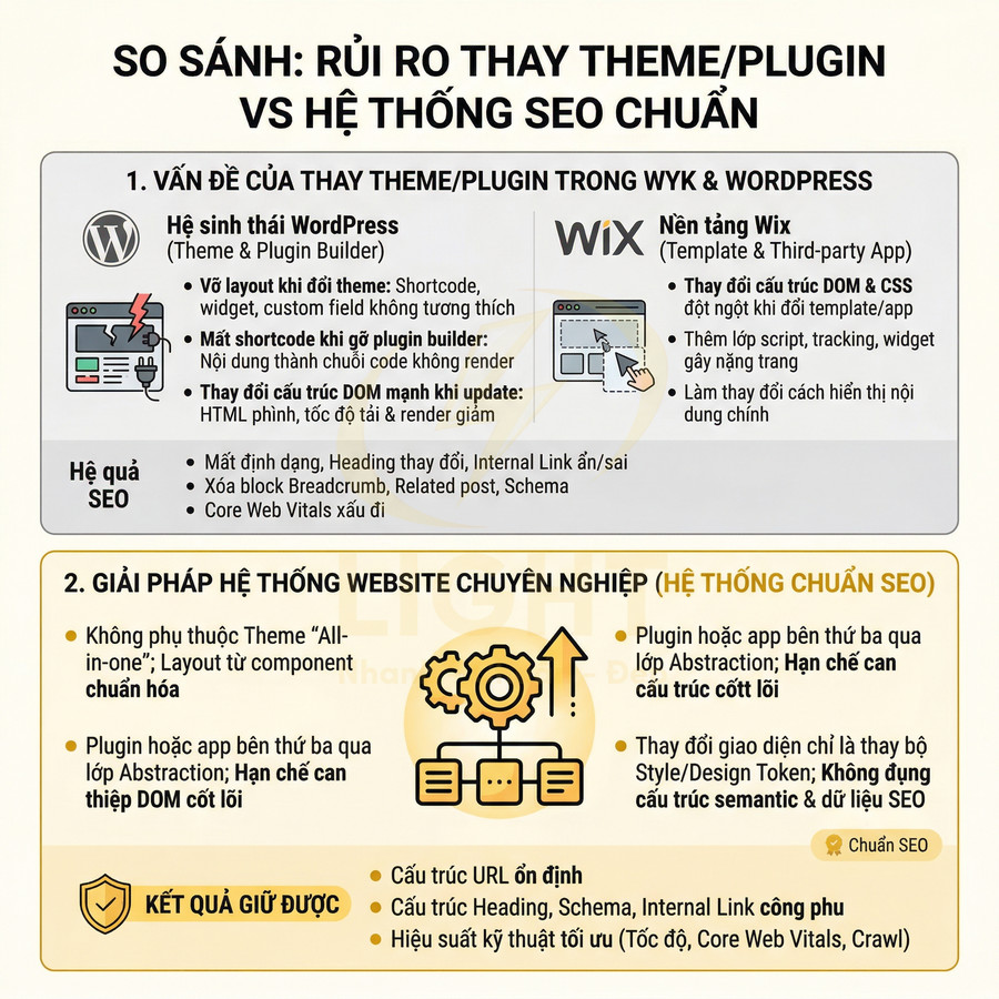Infographic so sánh rủi ro thay theme plugin WordPress Wix với giải pháp hệ thống website chuẩn SEO