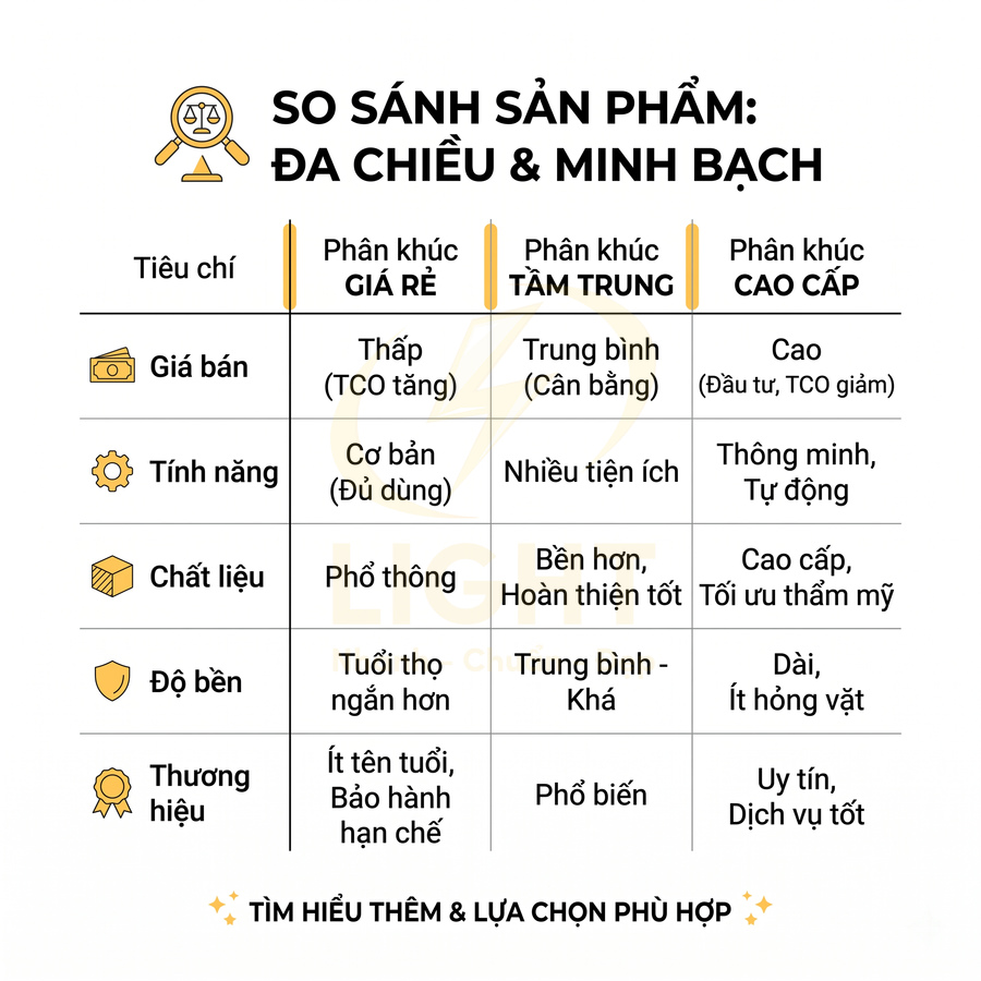 Bảng so sánh sản phẩm giá rẻ, tầm trung và cao cấp theo giá bán, tính năng, chất liệu, độ bền, thương hiệu