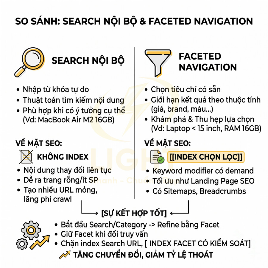 So sánh search nội bộ và faceted navigation trong SEO, ưu nhược điểm và cách kết hợp tăng chuyển đổi