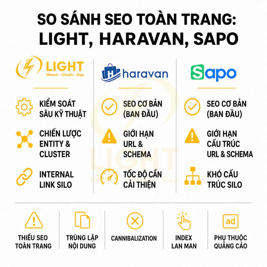 So sánh tính năng SEO toàn trang giữa nền tảng Light, Haravan và Sapo bằng các tiêu chí kỹ thuật