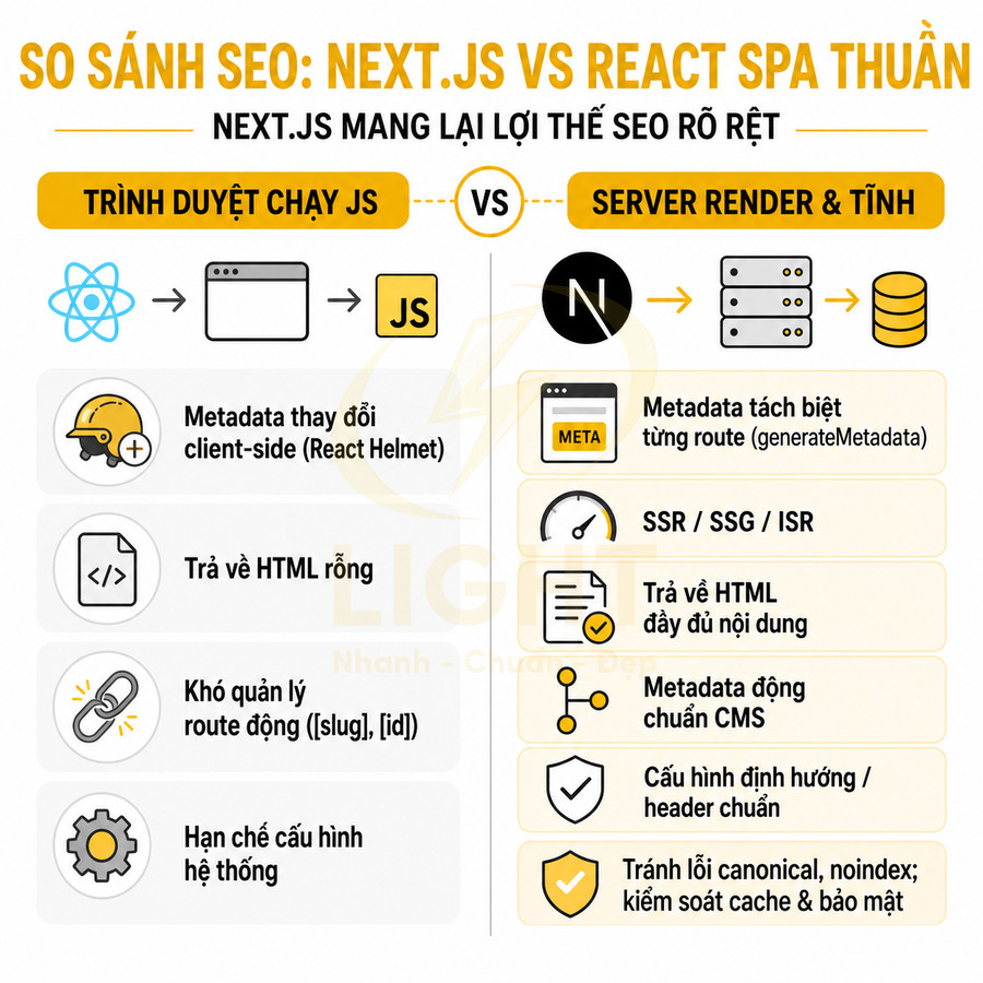 So sánh SEO Next.js và React SPA thuần, nêu ưu điểm server render và tĩnh cho metadata, HTML và cấu hình SEO