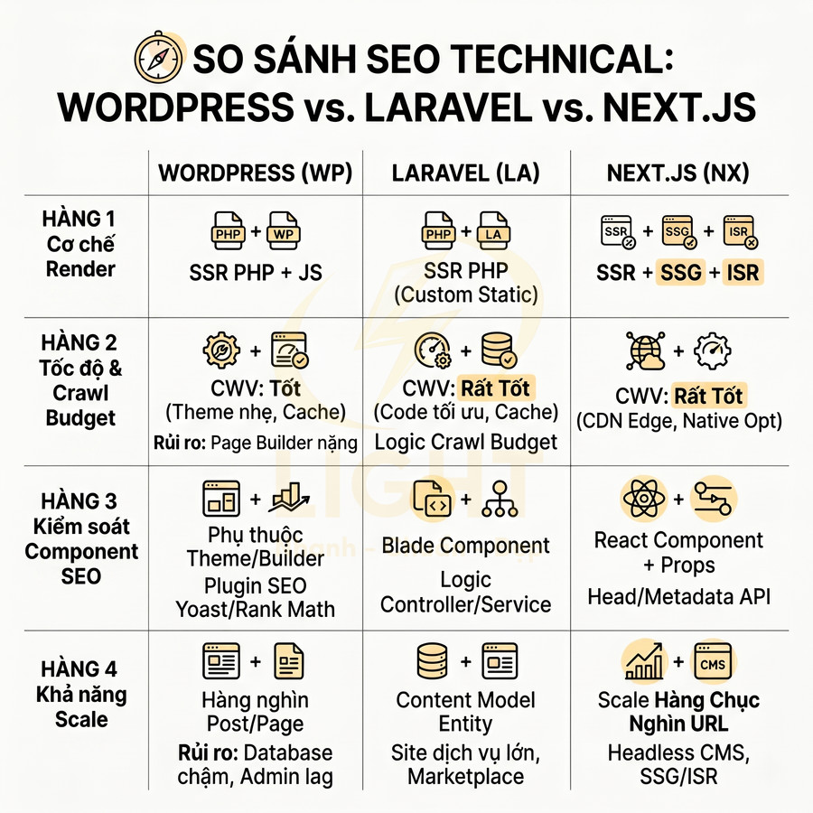 Bảng so sánh SEO technical giữa WordPress, Laravel và Next.js về render, tốc độ, kiểm soát SEO và khả năng scale