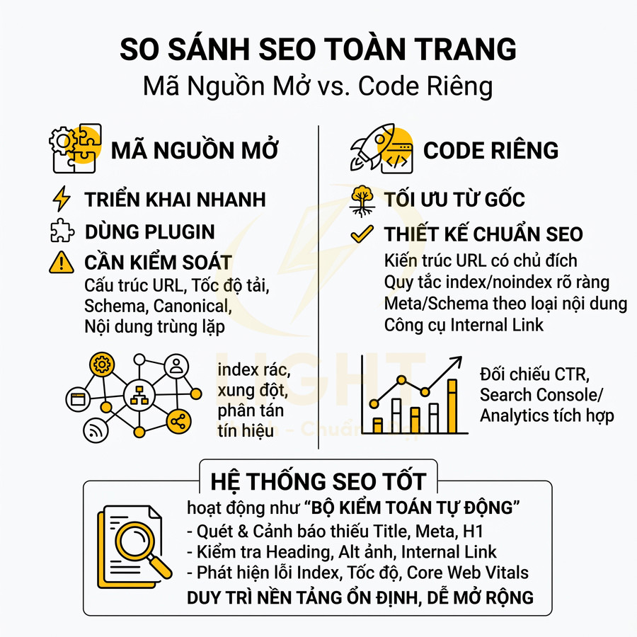 So sánh SEO toàn trang giữa mã nguồn mở và code riêng, nêu ưu nhược điểm và tiêu chí xây dựng hệ thống SEO tốt