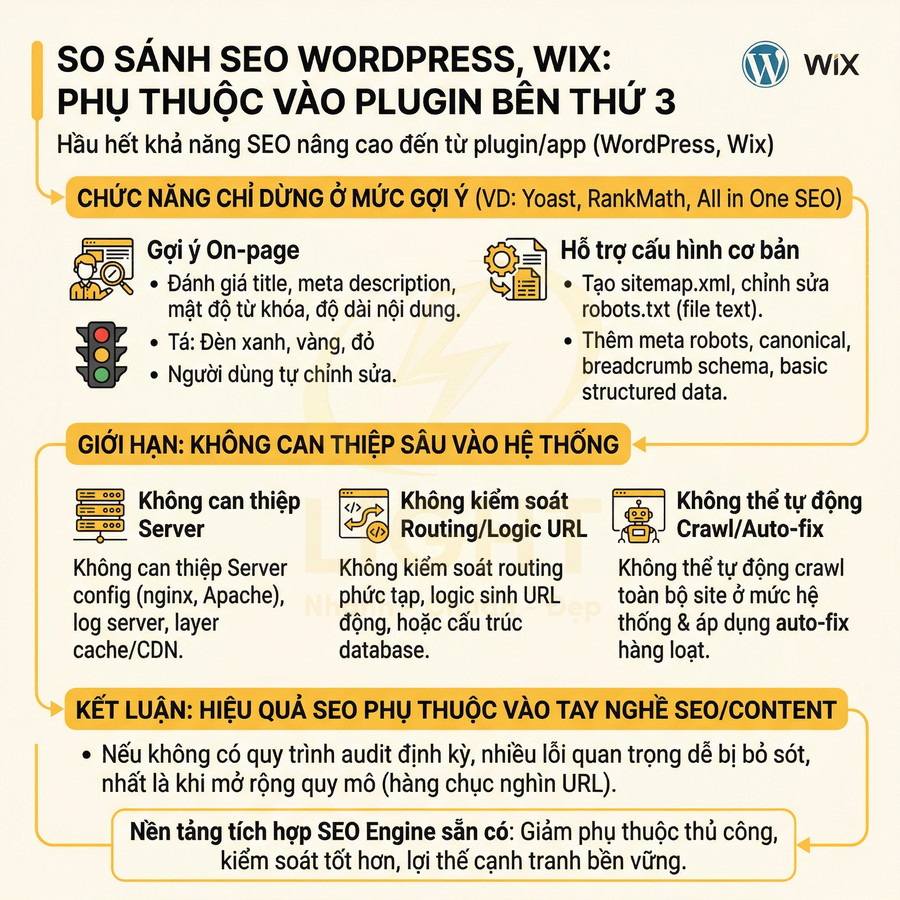 Infographic so sánh khả năng SEO của WordPress và Wix khi phụ thuộc vào plugin bên thứ ba