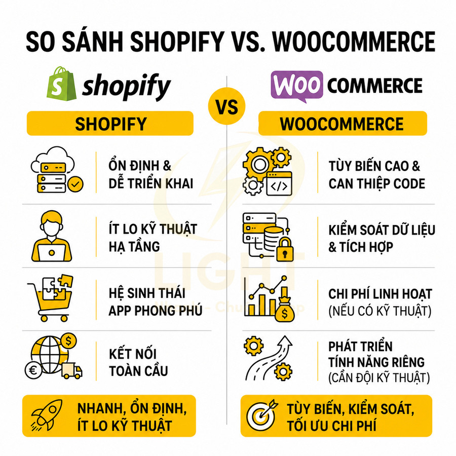 So sánh ưu nhược điểm nền tảng bán hàng Shopify và WooCommerce bằng tiếng Việt