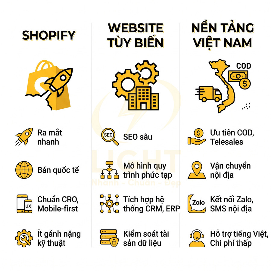 So sánh ưu nhược điểm Shopify, website tùy biến và nền tảng Việt Nam cho bán hàng online