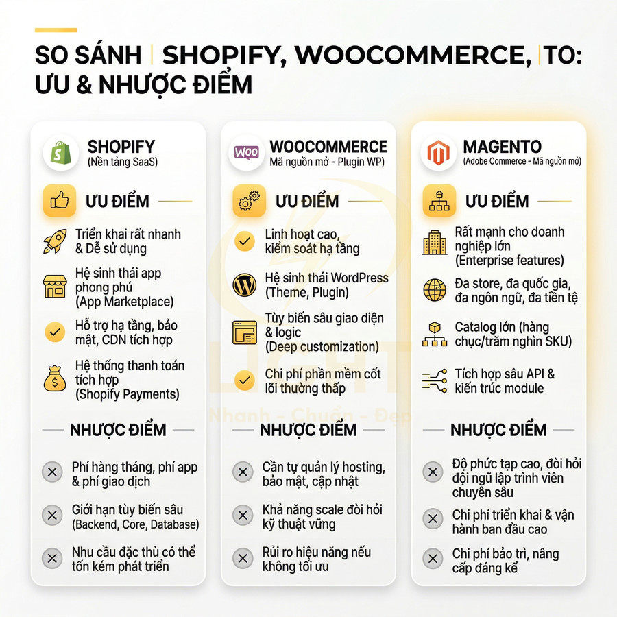Bảng so sánh ưu nhược điểm các nền tảng thương mại điện tử Shopify WooCommerce và Magento bằng tiếng Việt