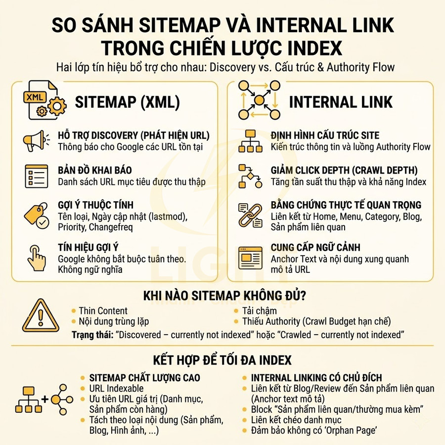 Infographic so sánh sitemap và internal link trong chiến lược index SEO, nêu vai trò và cách kết hợp tối ưu index