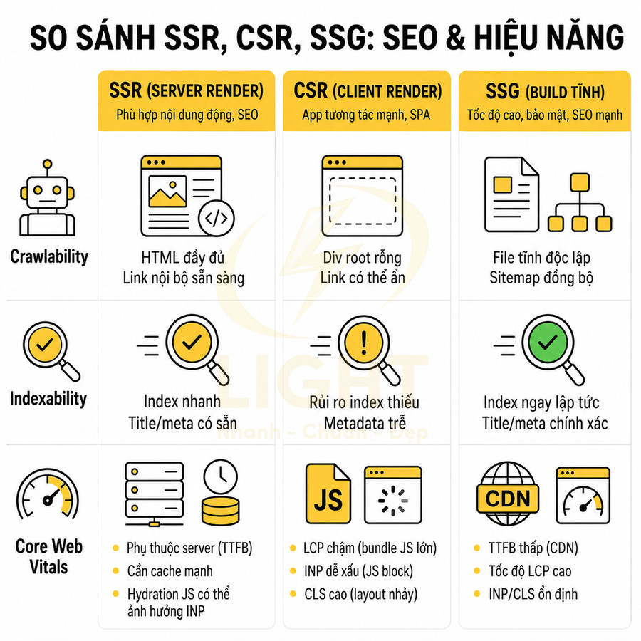 Bảng so sánh SSR, CSR, SSG về SEO, index, crawlability và Core Web Vitals bằng tiếng Việt