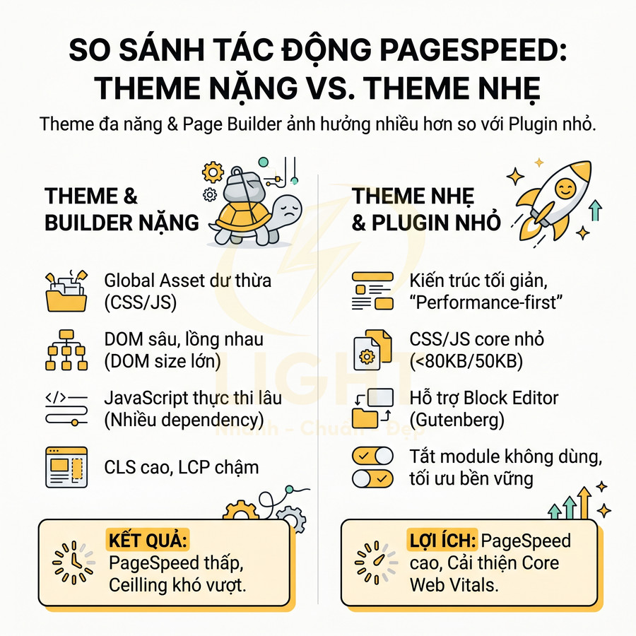 Infographic so sánh theme nặng và theme nhẹ về tác động PageSpeed và lợi ích tối ưu hiệu suất web