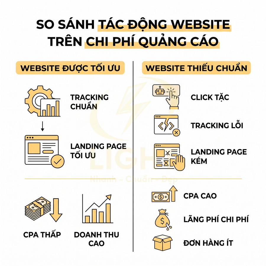 So sánh website tối ưu và website thiếu chuẩn về tracking, landing page, CPA và doanh thu trong quảng cáo online