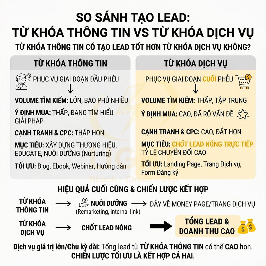 Infographic so sánh tạo lead từ khóa thông tin và từ khóa dịch vụ trong chiến lược SEO marketing
