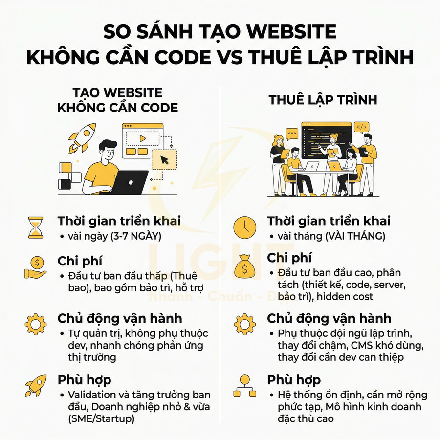 So sánh ưu nhược điểm tạo website không cần code và thuê lập trình về thời gian, chi phí, vận hành, mức độ phù hợp