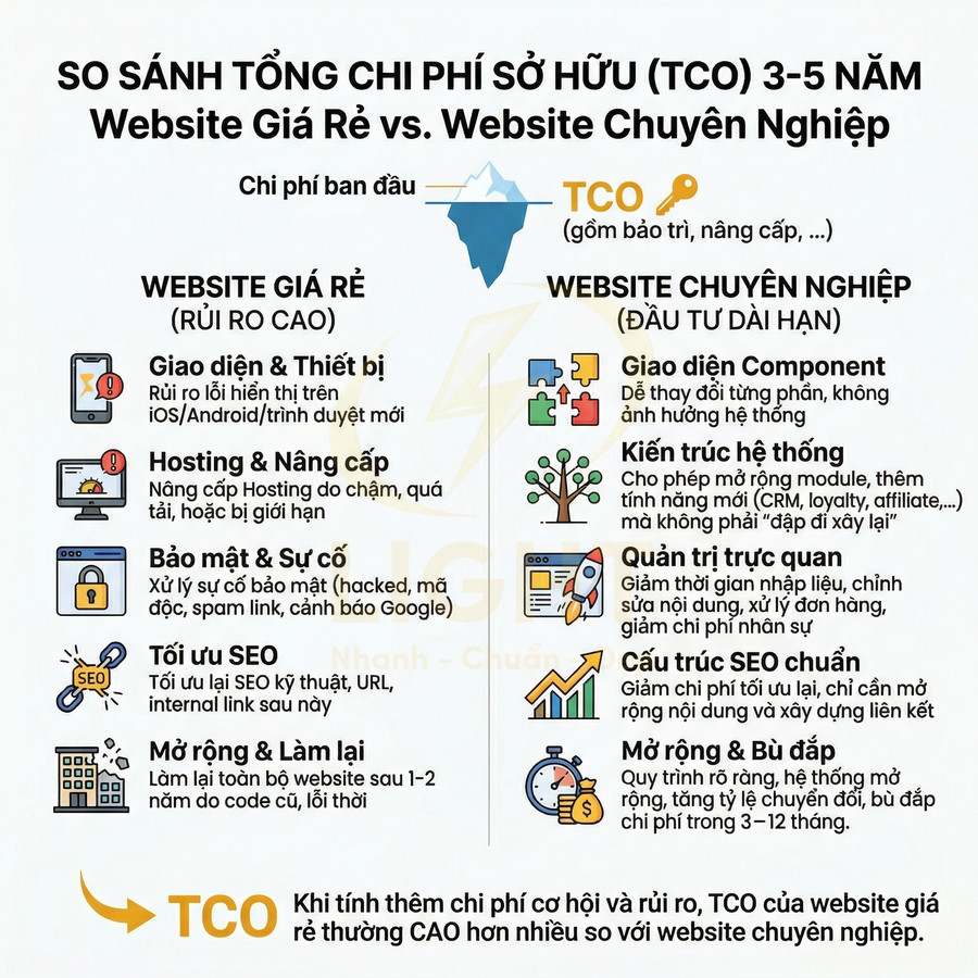 Infographic so sánh tổng chi phí sở hữu TCO website giá rẻ và website chuyên nghiệp trong 3 đến 5 năm