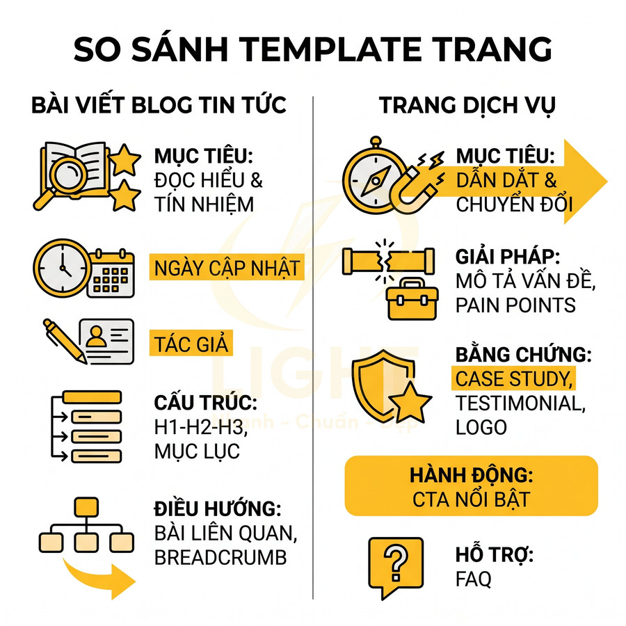 So sánh template bài viết blog tin tức và trang dịch vụ với mục tiêu, cấu trúc và CTA nổi bật