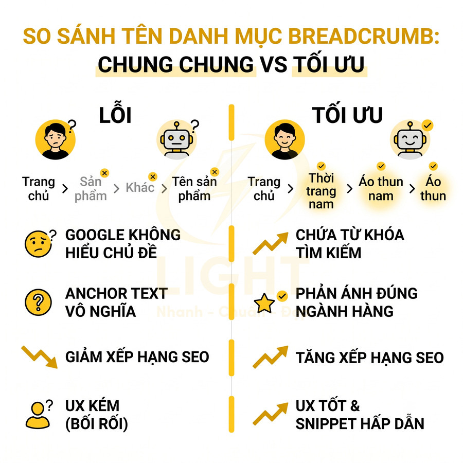 So sánh breadcrumb chung chung và tối ưu trong SEO với ví dụ tên danh mục và lợi ích cải thiện UX