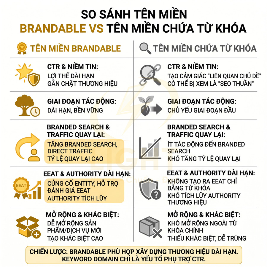Infographic so sánh ưu nhược điểm tên miền brandable và tên miền chứa từ khóa trong SEO và xây dựng thương hiệu