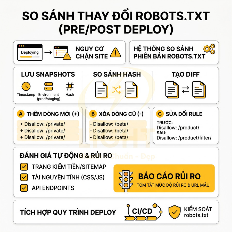 Mô tả quy trình so sánh thay đổi file robots.txt trước và sau deploy và đánh giá rủi ro SEO