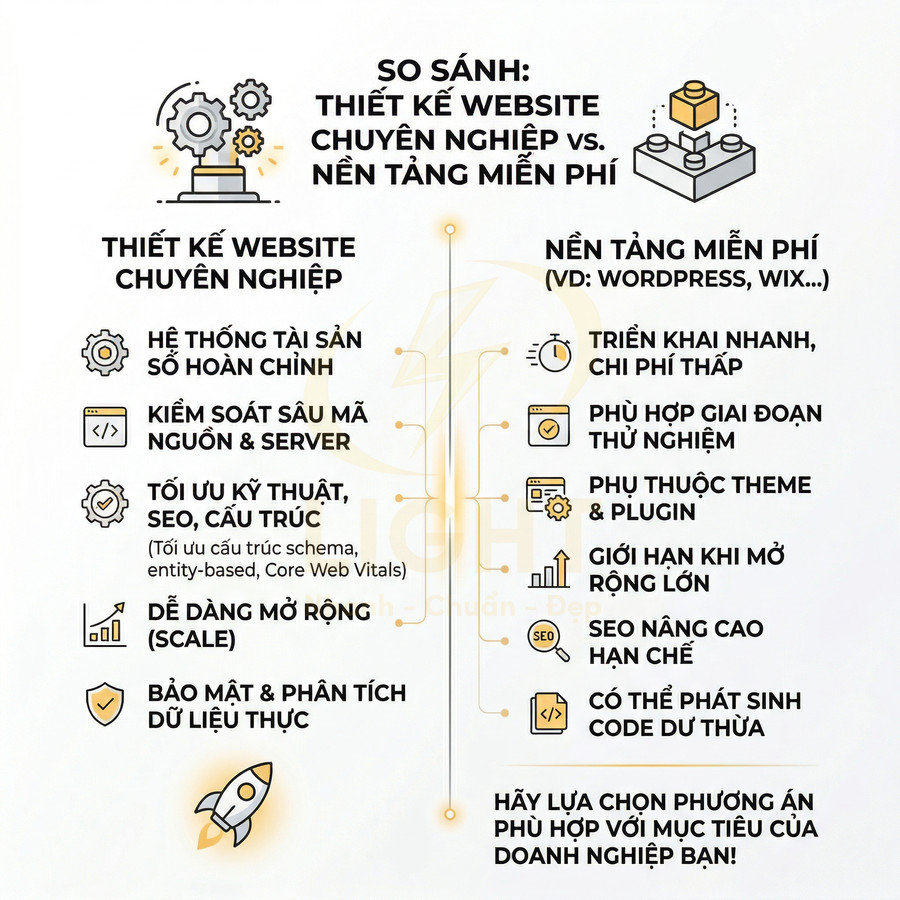 Thiết kế website chuyên nghiệp so với dùng nền tảng miễn phí (WordPress, Wix…)