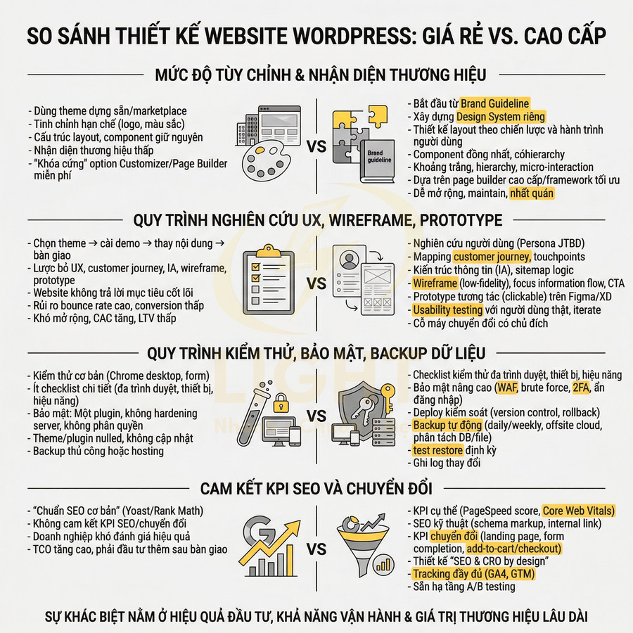 Infographic so sánh thiết kế website WordPress giá rẻ và cao cấp về UX, bảo mật, SEO và cam kết chuyển đổi