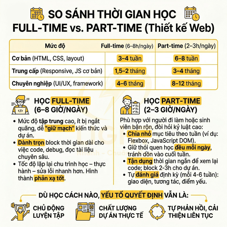 Infographic so sánh thời gian học thiết kế web full time và part time với các mốc cơ bản đến chuyên nghiệp